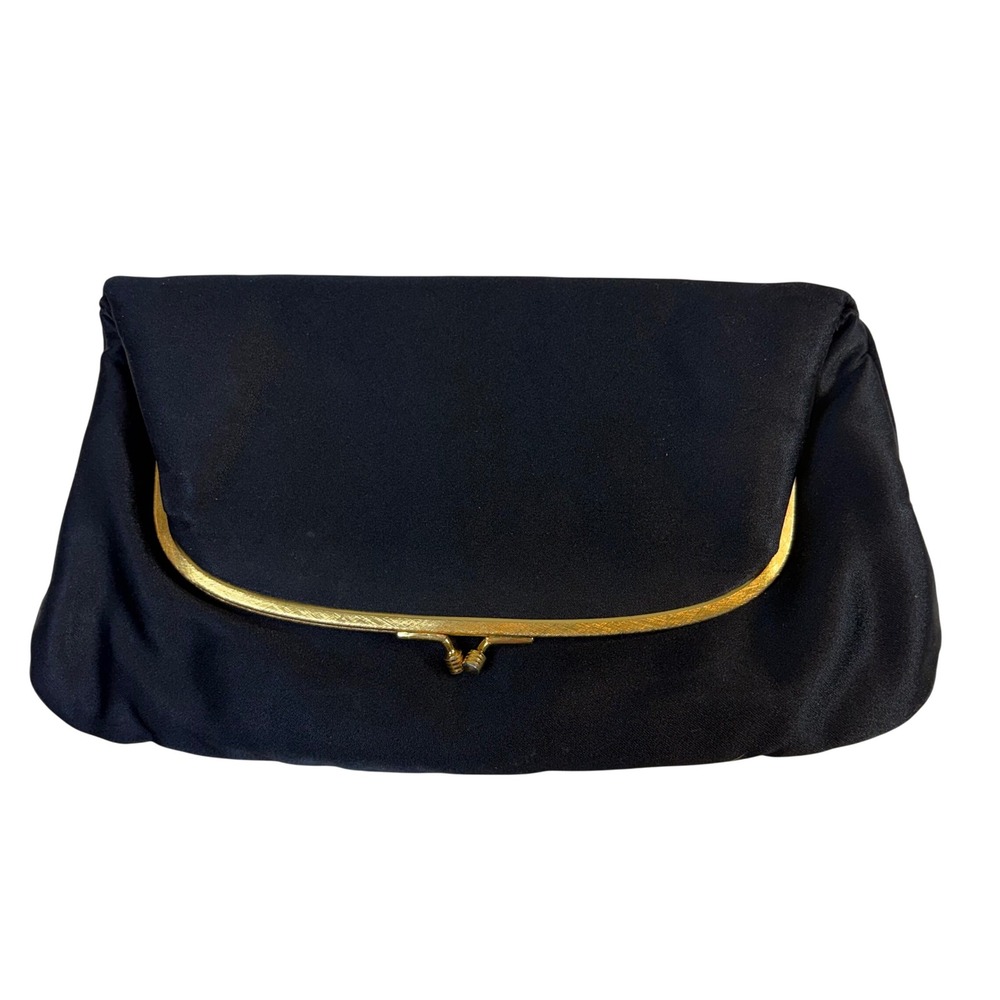 Coblentz Satin Evening Bag – OS Black Gold Frame Kiss Lock Vintage READ